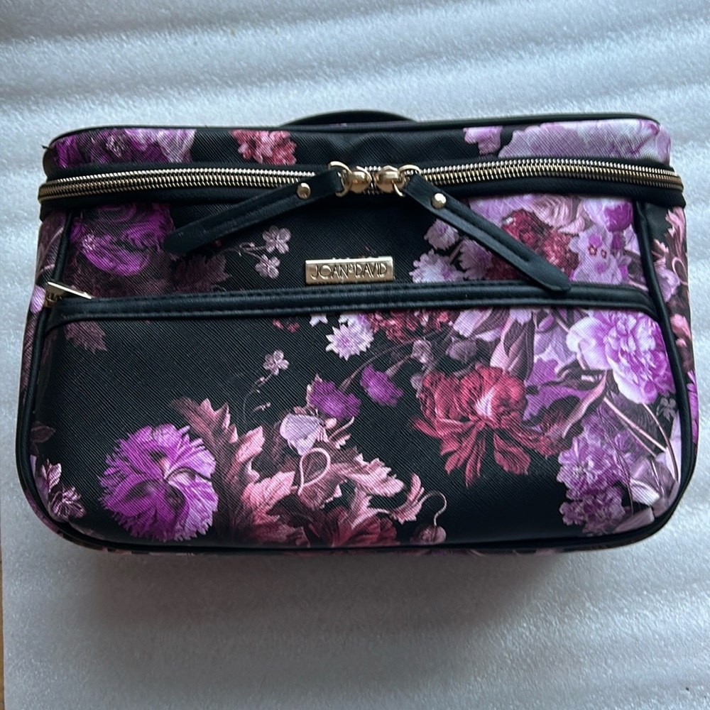 Joan & David NWOT Makeup Toiletries black and pink floral bag with compartments